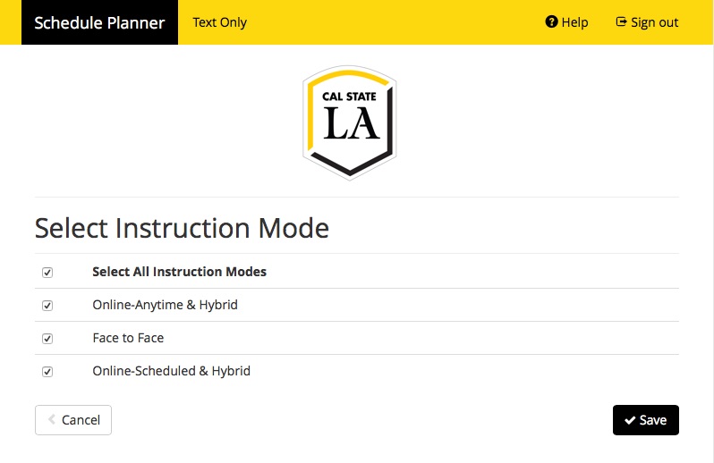 Screenshot of Schedule Planner with header Select Instruction Mode.  This shows options for how classes are taught, including Selecting All Instruction Modes, Online-Anytime and Hybrid, Face to Face, and Online-Scheduled and Hybrid