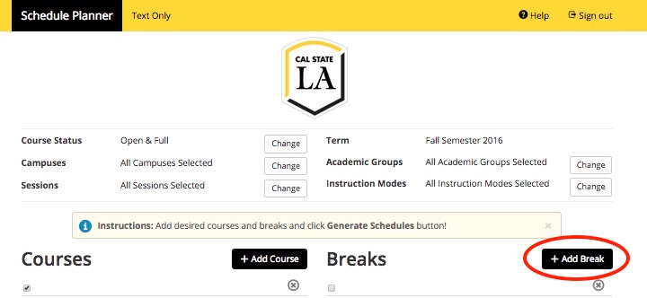 Screenshot of Schedule Planner > Breaks