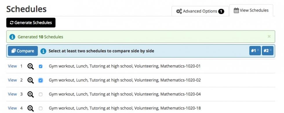 Screenshot of Schedule Planner > Sample Schedule (Compare button).  Shows the screen that lets you compare more than one schedule at a time.