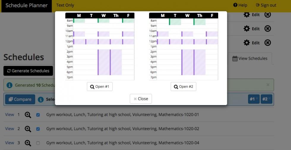 Screenshot of Schedule Planner > Compare Schedule overlay.  Shows what the schedule comparison looks like visually