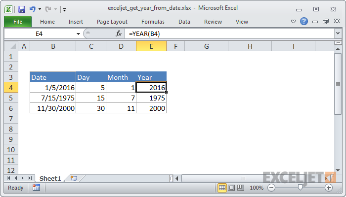 Excel formula: Get year from date
